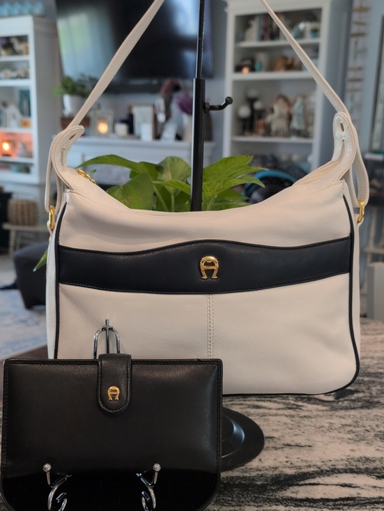 Etienne Aigner Handbags - Etienne Aigner Cream and Black Leather Shoulder Bag with Matching Black Wallet